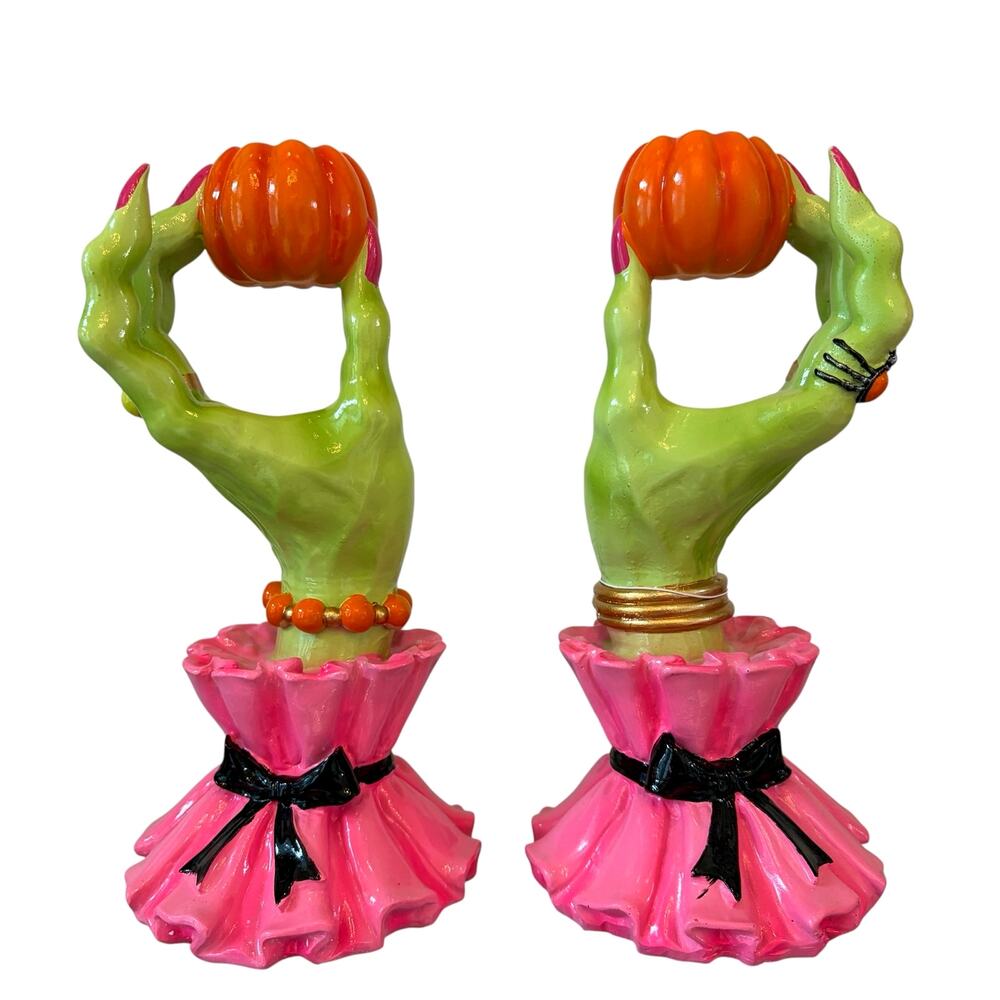 Broomstick Blvd Witch Hand Taper Candle Holders Set 2 Pink Green Halloween NEW